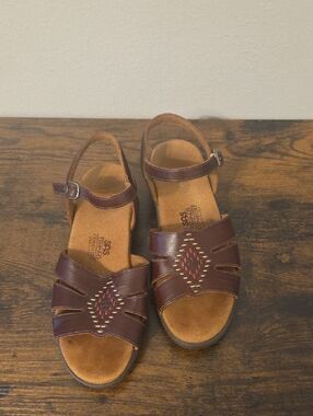SAS Brown Leather Sandals with Embroidered Accent